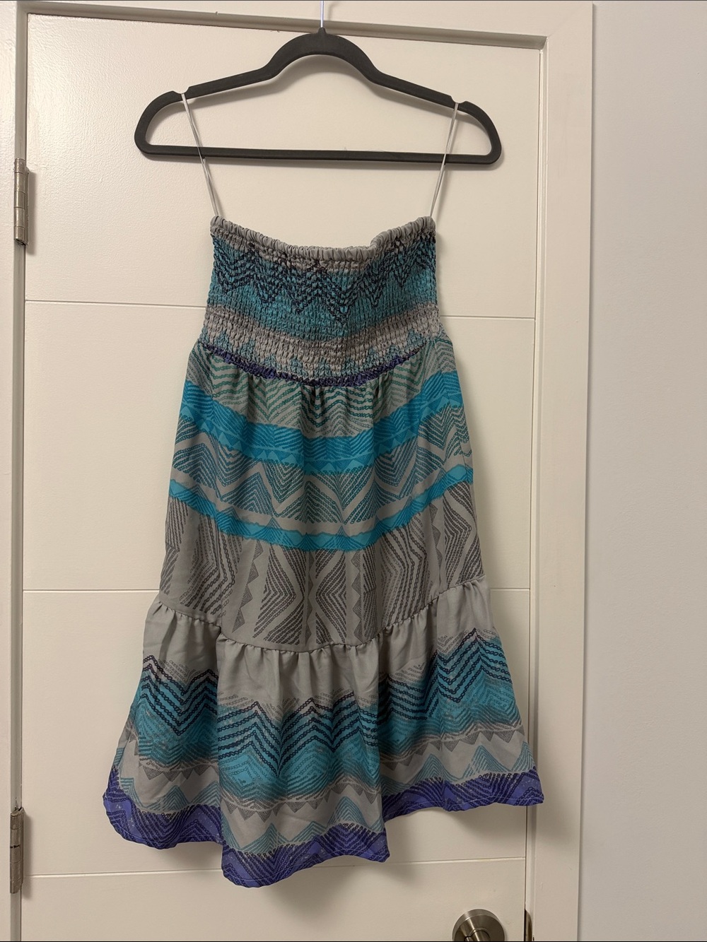 American Eagle Outfitters Strapless Patterned Dress in Teal and Gray
